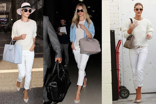 Three images of the same woman in white outfits accessorized with sunglasses, different tops, and handbags.