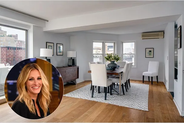 Dining area in NYC penthouse with a circular inset of a smiling woman.