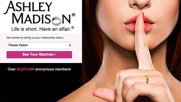 Ashley Madison website login page showing a woman with a finger over her lips and the slogan "Life is short. Have an affair."