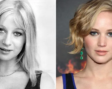 A vintage black and white portrait next to a modern color photo of a woman with similar features and earrings.