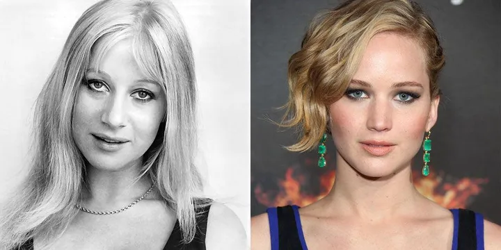 A vintage black and white portrait next to a modern color photo of a woman with similar features and earrings.