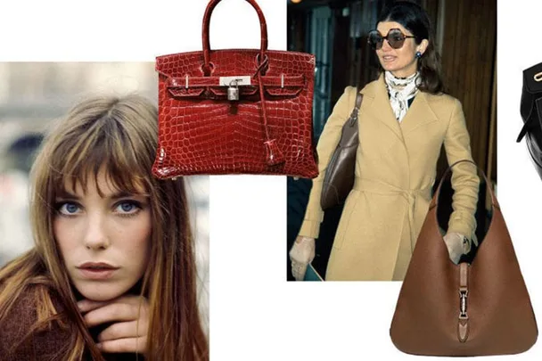 Collage of Jane Birkin with Birkin bag and Jackie Onassis with Jackie bag.