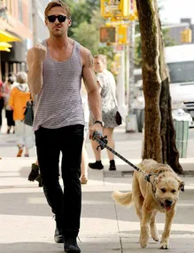 A person in sunglasses and a tank top walks a large, shaggy dog on a city sidewalk.