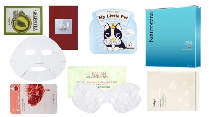 Various sheet mask packs including brands like Tony Moly, SK-II, Neutrogena, and green tea, pomegranate, and lace eye patches.