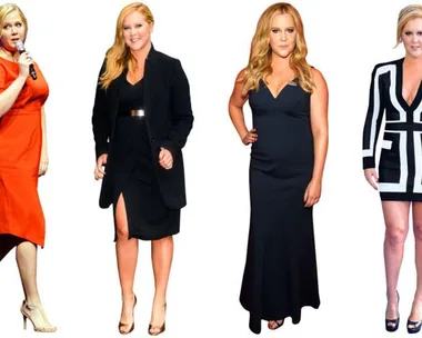 Amy Schumer in four different stylish outfits, ranging from casual to formal, showcasing various fashion looks.