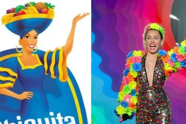 Left: Biquita Banana lady in a fruit hat and blue dress; Right: Miley Cyrus in a colorful floral outfit at the VMAs.