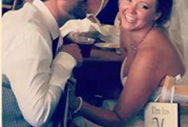 Woman Photobombs Bridal Couple While Eating Salad