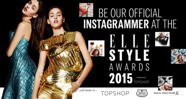 Two models in evening gowns with text promoting the Elle Style Awards 2015 and an Instagram contest by Topshop and other sponsors.