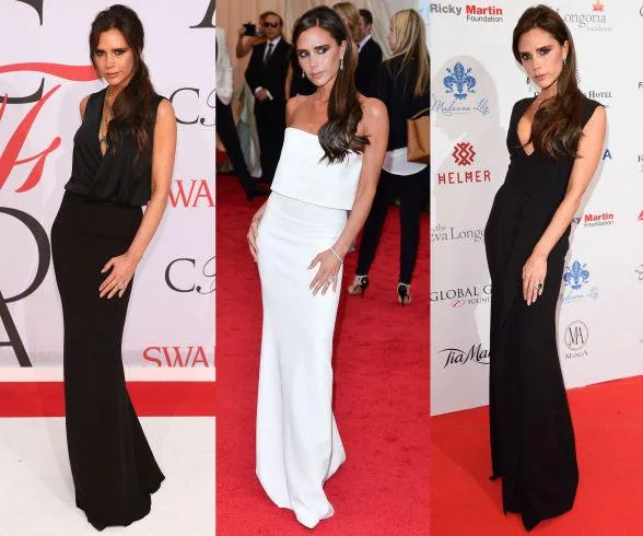 Victoria Beckham in similar poses at different red carpet events, wearing elegant gowns in black and white.