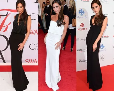 Victoria Beckham in similar poses at different red carpet events, wearing elegant gowns in black and white.