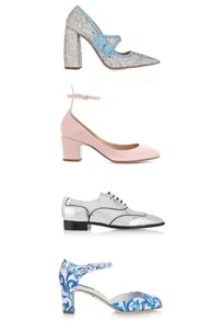 A variety of stylish women's shoes with different heel designs and colors, including glitter, pink, metallic, and floral patterns.