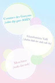 Pronunciation guide for fashion brands: Commes des Garçons, Giambattista Valli, and Moschino.