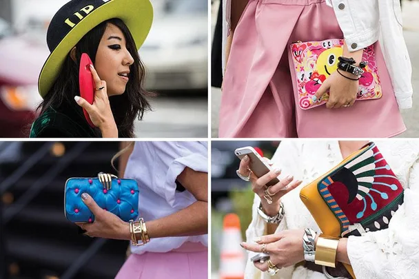 Collage of street style: woman with phone, colorful clutches, bracelets, and bold fashion accessories.