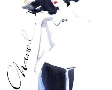 Watercolor illustration by David Downton of a woman wearing a wide-brim hat and a white top, labeled "Chanel."