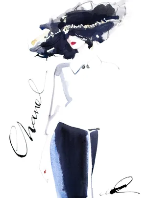 Watercolor illustration by David Downton of a woman wearing a wide-brim hat and a white top, labeled "Chanel."