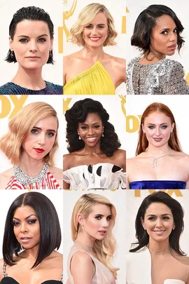 Collage of various actresses with stylish hairstyles and makeup at the Emmys.