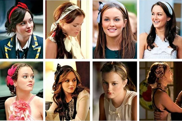 Collage of a woman with various headbands and hairstyles from a TV show.