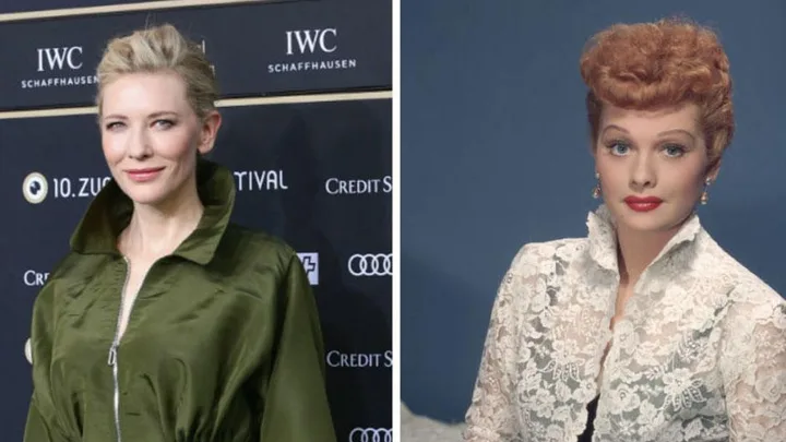 Cate Blanchett and Lucille Ball side by side; Blanchett in a green outfit, Ball in a white lace top.