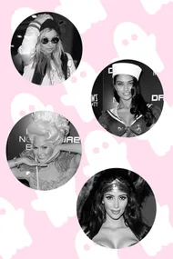 Four celebrities in Halloween costumes: a casual outfit, a sailor, Marie Antoinette, and Wonder Woman, on a pink ghost pattern.