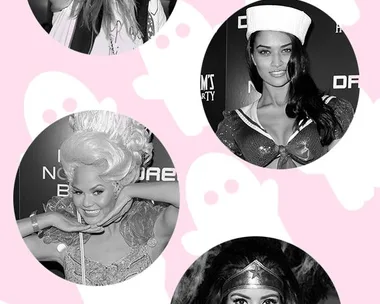 Four celebrities in Halloween costumes: a casual outfit, a sailor, Marie Antoinette, and Wonder Woman, on a pink ghost pattern.