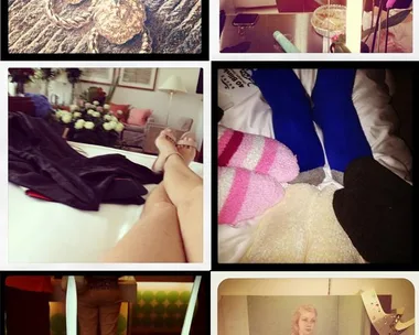 Collage of early Instagram images including jewelry, a mirror selfie, cozy socks, Pinkberry, and a ballet portrait.