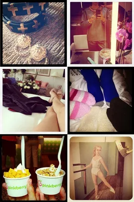 Collage of early Instagram images including jewelry, a mirror selfie, cozy socks, Pinkberry, and a ballet portrait.