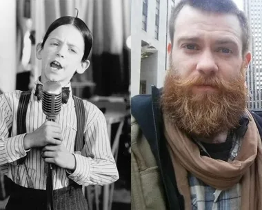 Side-by-side images of a 90s child star as a kid with a microphone and as an adult with a beard and scarf.