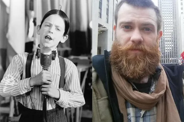 Side-by-side images of a 90s child star as a kid with a microphone and as an adult with a beard and scarf.