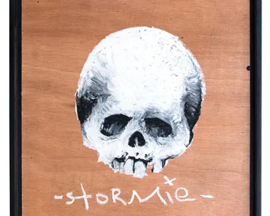 "Painting of a white skull on wooden background with 'Stormie' written below it in white."