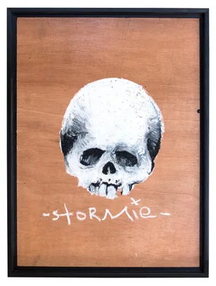 "Painting of a white skull on wooden background with 'Stormie' written below it in white."