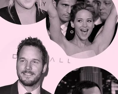 Black and white image collage of Amy Schumer, Jennifer Lawrence, Chris Pratt, and Aziz Ansari.