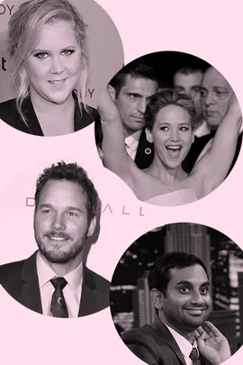 Black and white image collage of Amy Schumer, Jennifer Lawrence, Chris Pratt, and Aziz Ansari.