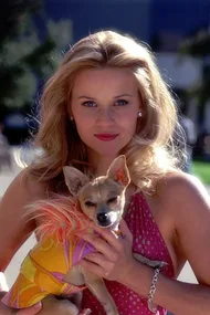 Reese Witherspoon as Elle Woods in a pink dress and holding her Chihuahua Bruiser Woods from "Legally Blonde."