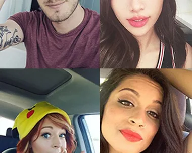 Collage of four YouTubers posing: two men, two women; one wearing a Mario cap, another with a Pikachu hat.