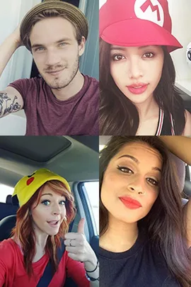 Collage of four YouTubers posing: two men, two women; one wearing a Mario cap, another with a Pikachu hat.