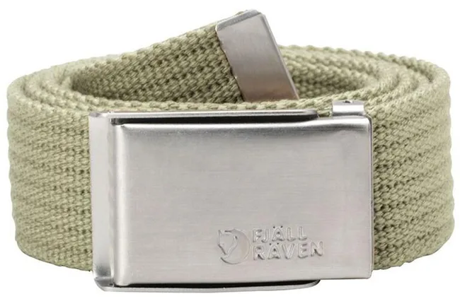 Beige Fjällräven canvas belt with metallic buckle and logo.