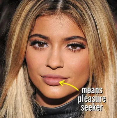 The image shows a person with full lips highlighted, annotated with "means pleasure seeker."