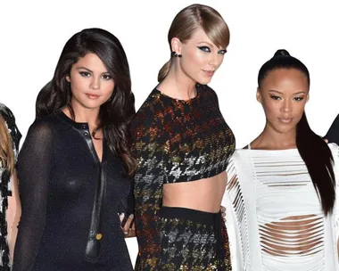 A group of five women posing together, each dressed in stylish outfits, against a plain white background.