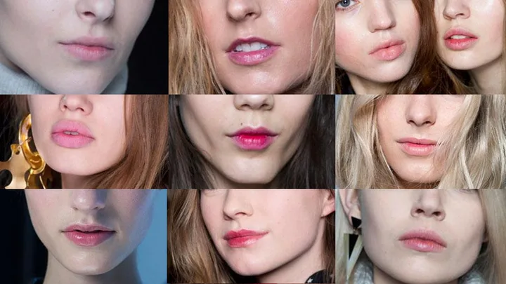 Nine close-up images showing various styles of ombre lips, blending different shades of lipstick.