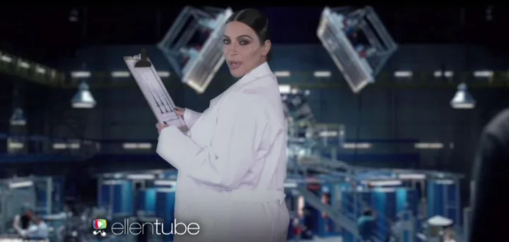 Kim Kardashian in a lab coat holding a clipboard in a futuristic laboratory setting.