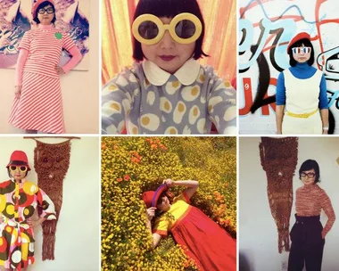 Collage of a person in colorful, retro outfits with bold patterns and oversized sunglasses.