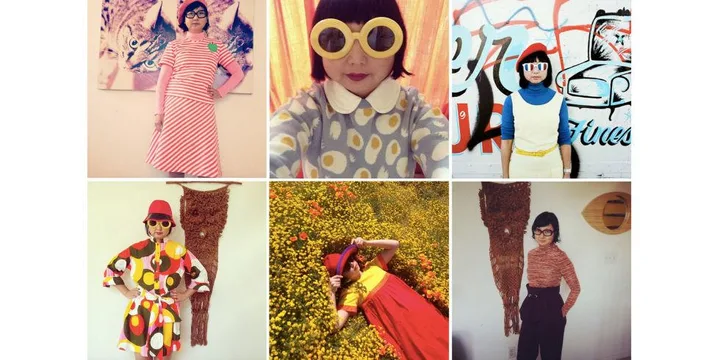 Collage of a person in colorful, retro outfits with bold patterns and oversized sunglasses.