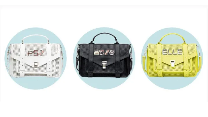 Three perforated leather PS1 bags by Proenza Schouler featuring different custom text: "PS1" (white), "2016" (black), and "ELLE" (yellow).