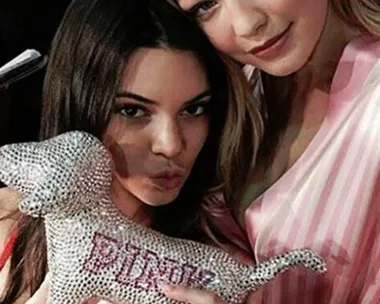 Two women in pink striped robes backstage at Victoria's Secret show, holding a glittery pink dog accessory.