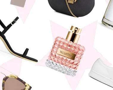 A collage of luxury items including a watch, black bag, Valentino perfume, sunglasses, and jewelry on a pink background.