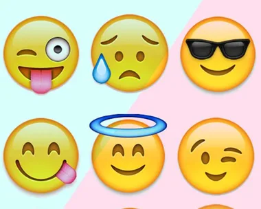 A grid of twelve colorful emojis with various facial expressions, such as laughing, crying, and winking.