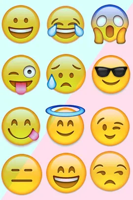 A grid of twelve colorful emojis with various facial expressions, such as laughing, crying, and winking.