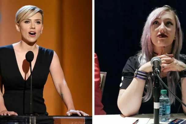 Two women at different events: left, a woman in a black dress speaking at a podium; right, a woman with purple hair speaking at a panel.