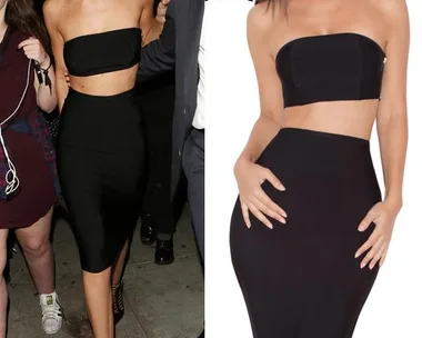 A woman in a black strapless top and skirt with a choker on the left, and a similar outfit on a model on the right.