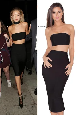 A woman in a black strapless top and skirt with a choker on the left, and a similar outfit on a model on the right.